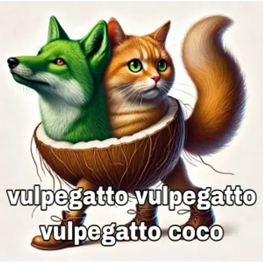 Vulpegatto Vulpegatto Vulpegatto Coco - A fox-cat hybrid character with repeating name from Italian Brainrot Mode