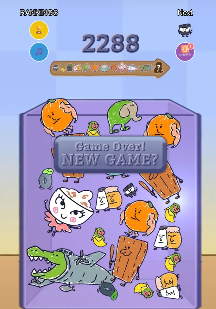 Artistic doodle-style game over screen with sketchy characters