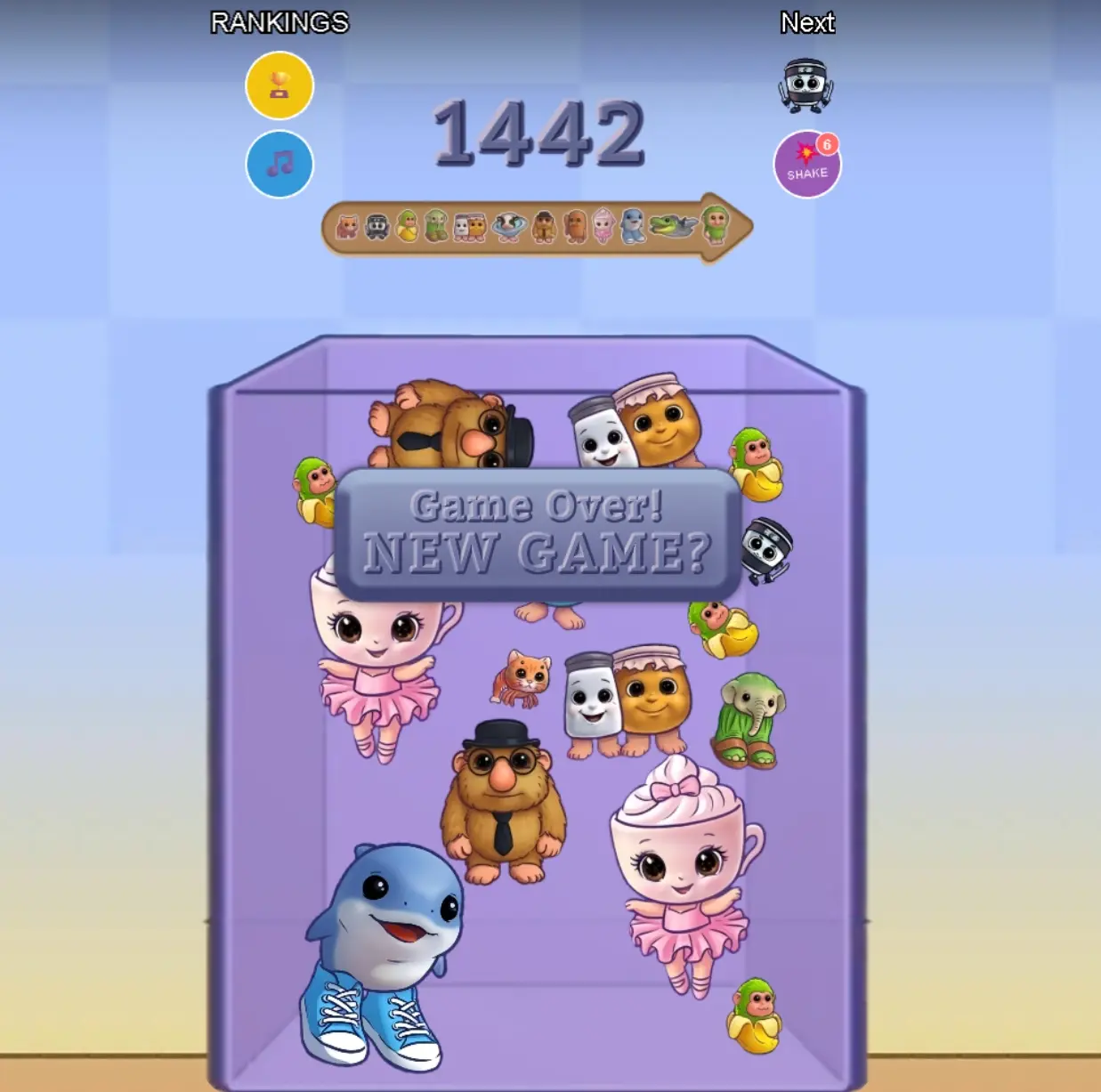 Cute Baby Characters in Merge Fellas: Italian Brainrot Baby Game Over Screen